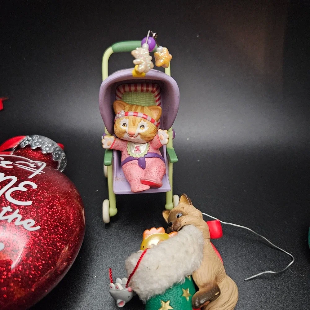 Vintage Cat Christmas Ornament Lot of 8‎ Resin Glass 1990s Kitty Holiday Decor